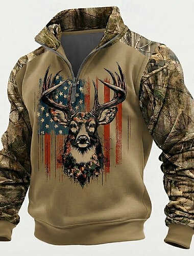  Homme Camouflage Cerf Sweatshirt Tactique Vintage Rétro Chasse Col montant Extérieur Travail Cadeau Marron Fermeture éclair Automne Hiver Designer S M L XL XXL XXXL