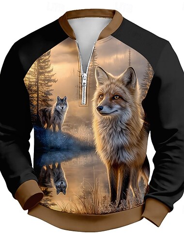  Herren Wolf Pullover Tropisch 3D Jagd Hoher Ausschnitt Outdoor Streetwear Schwarz 1 Reißverschluss Herbst Winter Designer S M L XL XXL 3XL