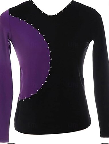 top da pattinaggio artistico nero elastico da allenamento, da competizione, termico, caldo, con cristalli/strass, manica lunga, pattinaggio artistico sul ghiaccio