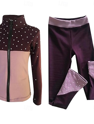  Kunstschaatsjas met broek, dames- en meisjesschaatsoutfit, paars, elastisch, trainings- en wedstrijdschaatskleding, thermisch, warm, met kristallen/strass steentjes, lange mouwen, kunstschaatsen.