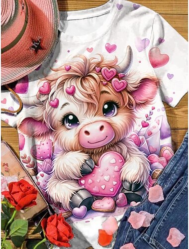  Valentijnsdag Dames T-shirt Afdrukken Grafisch dier Ruitjes Vintage Stijlvol Klassiek Korte mouw Strakke ronde hals Normale tops Dagelijks Uitgaan Weekend Wit Blozend Roze Rood Zomer Lente