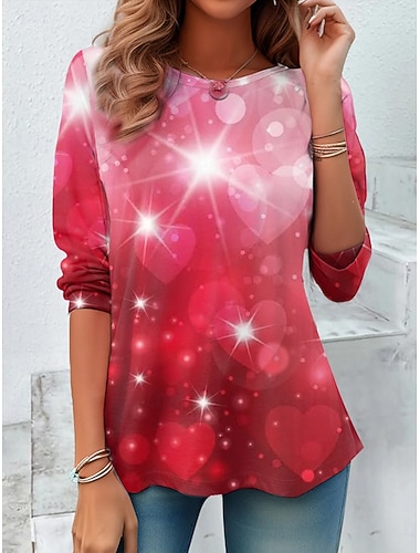  Valentinstag Damen T Shirt Druck Herz Grafik Vintage Stilvoll Lässig Langarm Rundhalsausschnitt Normale Oberteile Täglich Wochenende Rosa Rote Frühling Winter