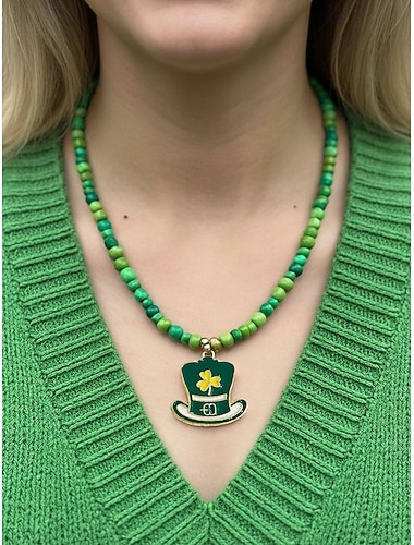  Colar feminino em liga metálica e acrílico com pingentes em formato de trevo, contas verdes, perfeito para o Dia de São Patrício e para uso diário.