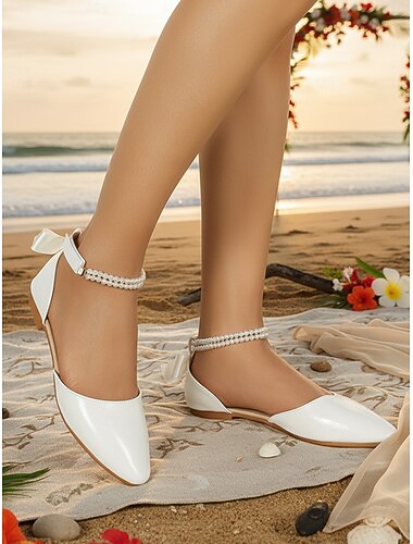  Dámské svatební balerínky s perleťovým páskem přes kotník v barvě slonové kosti – plážové svatební boty pro družičky, pohodlné sandály se špičatou špičkou pro obřad u moře