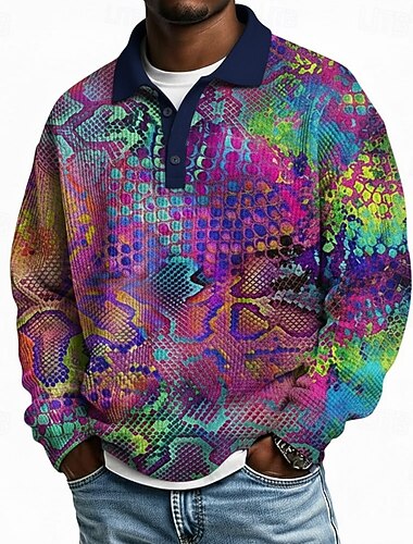  Per uomo Leopardato Magliette Polo a Nido d'Ape Manica Lunga Magliette polo Bavero Casual Streetwear Athleisure Abbigliamento quotidiano Stampa 3D Primavera Autunno Inverno Arcobaleno Multi Color