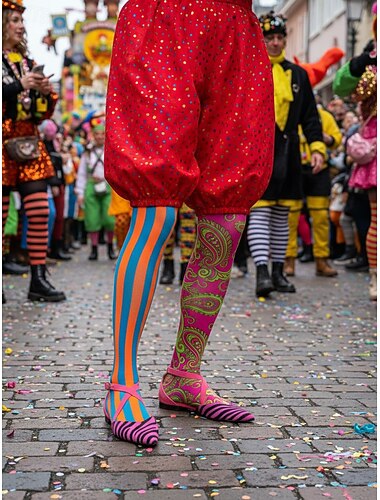  Damen Mardi Gras gestreifte spitze Ballerinas mit pinkem Kreuzriemendetail – Kühner Retro-Stil bequem für Karneval Partys und Freizeitkleidung