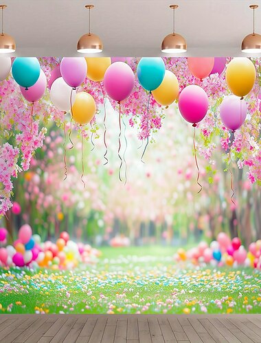  Valentinsdagens levende billedvev, 2D flatt trykk, fargerike ballonger &Blomstertak, perfekt bakteppe for festlig og romantisk Valentinsdagsdekorasjon og feiring