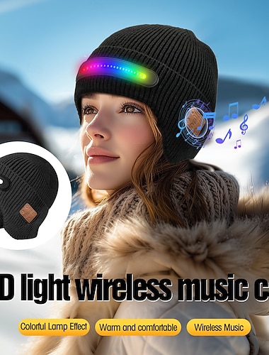  Bluetooth-lue med lys, unisex trådløse hodetelefoner med LED-lyd for musikksynkronisering, innebygde HD-stereohøyttalere &mikrofon, vaskbar strikket lue for løping, camping, ski, teknologigaver til