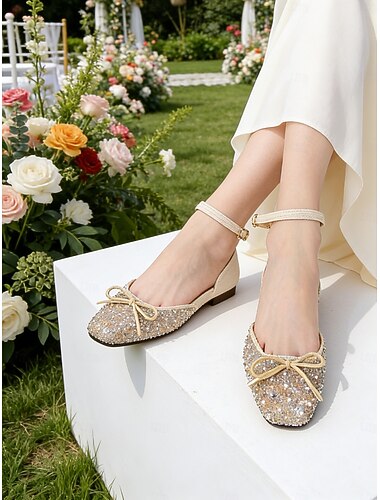  女性用ピンクのラインストーンバレエフラット - キラキラしたリボンのアンクルストラップローヒールシューズ、花嫁介添人、屋外ガーデン用 &芝生の結婚式