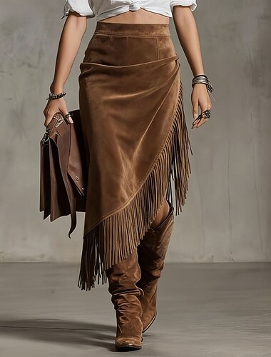  Dame Årgang Mote Fritid Midi Høy Midje Skjørt عادي Dusk Uregelmessig hem Mikroelastisk Daglig Gate Brun Vår Polyester