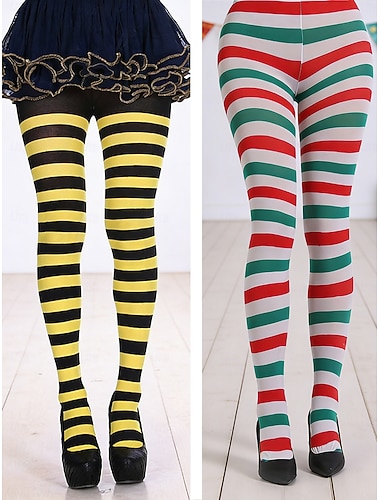  Damesett med stripete strømpebukser til karnevalsfest (2 par), elastisk overkneemodell, blå &Grønn horisontal stripedesign, morsomme kostymesokker for voksne, festival, karneval, cosplay &temafester