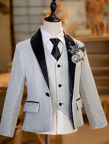  Terno de Pajem Para Meninos Infantil Terno Blazer e colete e calças e camisa e gravata Casual Ao ar livre Festa Moda Legal Básico Côr Sólida Paetês Bolsos Botões Prata Polyester