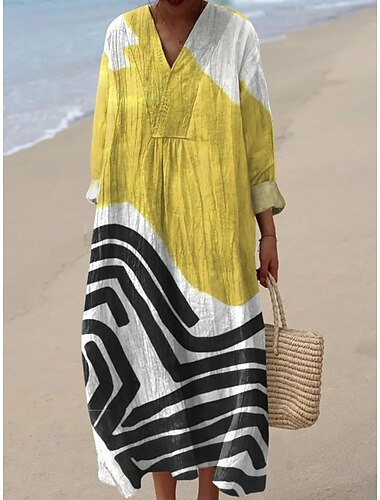  Femmes Robe maxi Robe fourreau Robe d'Été Vacances Occasionnel Plage Sortir Coupe Ample Graphique Géométrique Abstrait manche longue Col en V Bleu Jaune Gris foncé Orange Été Printemps Automne