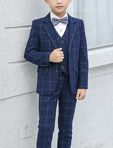  4-delad ringbärarkostym pojkar barnkavaj &byxor &skjortor &slips pojkkostym formell kostym casual utomhus fest mode cool grundläggande rutig fickknappar blå svart marinblå polyester