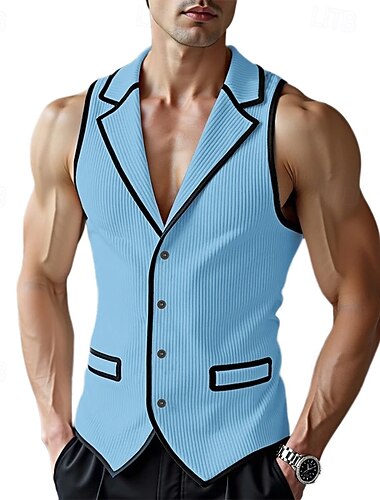  Herren Tank Top Cordhemd Ärmelloses Shirt Ärmellos Rundhalsausschnitt Sommer Frühling Farbblock Grubenstreifen Mode Designer Muskel Knopf vorne Outdoor Ausgehen Schwarz Weiß Hellblau Top T-Shirt für