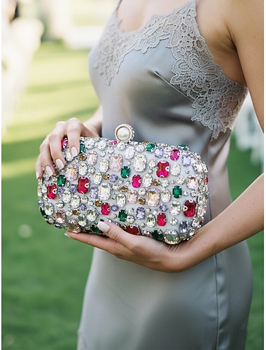 Damesclutch van polyester met edelsteenversiering, schouderband met ketting, grote inhoud, verkrijgbaar in meerdere kleuren – perfect voor bruiloften en avondfeesten.
