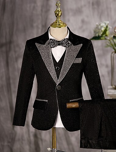 Terno para pajem, terno infantil para meninos, blazer &colete & calça  & camisa  &Terno formal masculino casual para festa ao ar livre, estilo descolado e básico preto