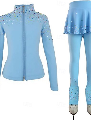 Kunstschaatsjas met broek, dames- en meisjesschaatsoutfit, blauw, rekbaar, trainings- en wedstrijdschaatskleding, thermisch, warm, met kristallen/strass steentjes, lange mouwen, kunstschaatsen.