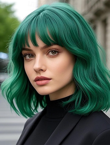  Perucas Verdes Peruca Sintética Cacheada com Franja Peruca Feita à Máquina Curta Cabelo Sintético Verde Mulheres Festa Natural Verde