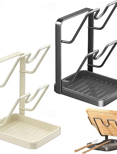  Aufbewahrungsgestell für Küchentopfdeckel, verdickter Topfdeckelhalter aus Kohlenstoffstahl während des Kochens &Löffelablage, multifunktionaler Topfdeckelhalter mit abnehmbarer Abtropfschale für die