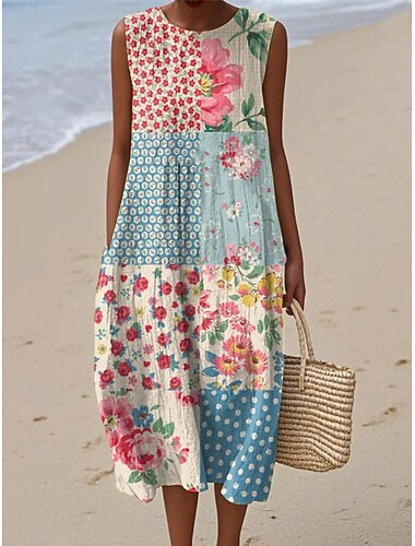  בגדי ריקוד נשים שמלת מידי שמלת שיפט שמלת קיץ שמלה עם כיווץ במותן חופשה יום יומי בוהו חוף מפלגה ליציאה מונח בצורה רפויה פרחוני גראפי ללא שרוולים צווארון צווארון פול ורוד אפור בז' קיץ אביב