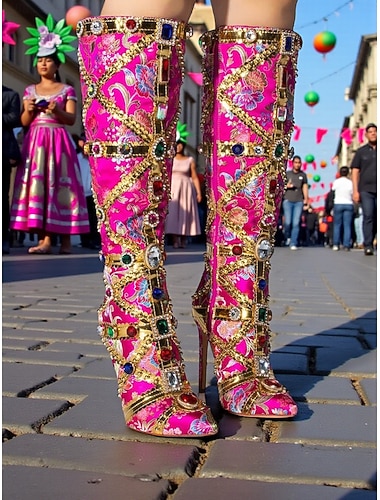  Woman's Embellished High Heel Boots Floral Embroidery and Jewel Detailing Colorful Carnival Style Perfect Mardi Gras and Festive Occasions