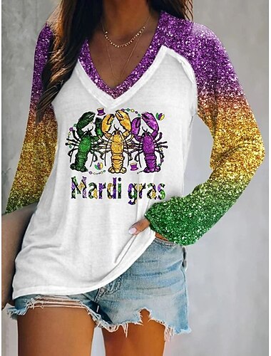  Karneval Kvinnors T Shirt Grafisk Gradient Bokstav Elegant Stilig Klassisk Lång ärm V Hals Regula...