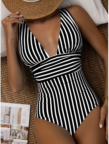  Damen Einteiler Badeanzug Schlankmachend Farbblock Monokini Bauchkontrolle Hohe Taille Schlank Rückenfrei Urlaub Strandbekleidung Gestreifter V-Ausschnitt Ärmellose Badeanzüge