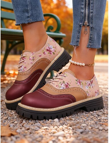  Damebrogues med vintage-blomstermotiv fra 1970-tallet – retro lakksko i imitert skinn med snøring for uformelle utflukter, gatestil og hverdagsbruk