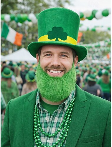  Heren St. Patrick's Day kabouterhoed en nepbaard set, groene Ierse kostuum hoge hoed met afneembare nepbaard, zacht polyester materiaal, verkrijgbaar in verschillende kleuren voor parades, feesten en festivals.
