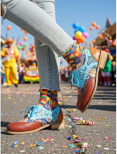  Kobiece brogsy patchworkowe w kolorach tęczy Mardi Gras z wiązaniem - retro artystyczny styl na parady karnawałowe kostiumy festiwalowe i imprezy