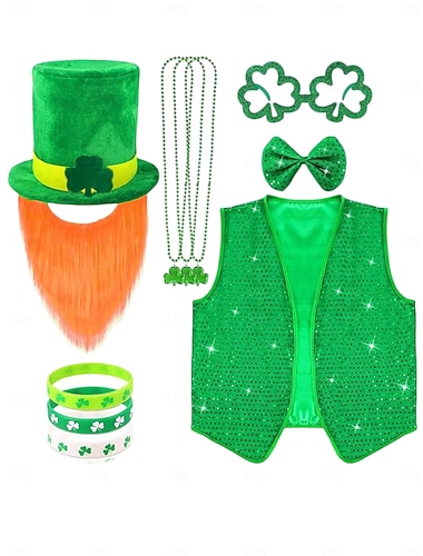  cappello da folletto verde per il giorno di San Patrizio da uomo, barba, gilet, collana, papillon &set di braccialetti: completo per le feste di San Patrizio