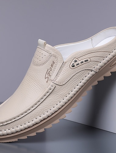  Beige slip-on herresko, myk overdel i kunstskinn, lett komfortsåle, klassisk hverdagsstil for daglig bruk og turgåing