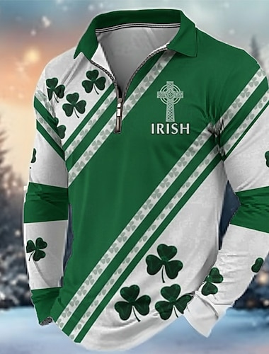  St. Patrick Männer Shamrock Polo Langarm Umgeklappt Modern Freizeit Athleisure Legere Tägliche Festival Reißverschluss 3D Druck Frühling Herbst Dunkelgrün Grün
