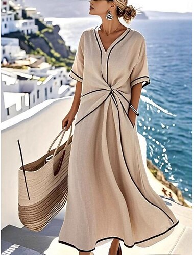  Damen Langes Kleid Maxikleid Freizeitkleid Modern Täglich Büro Urlaub Lässiger Schnitt Einfach Kurzarm V Ausschnitt Blau Khaki Sommer Frühling Herbst