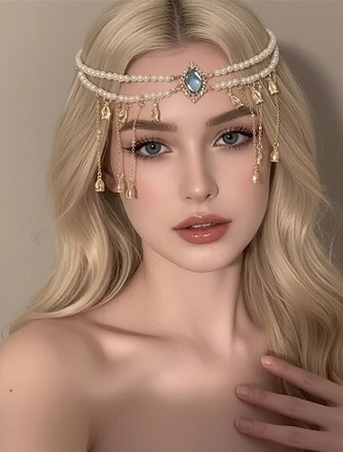  Accessorio per sposa Samba in perle con copricapo per la fronte - Catena di testa con frange di cristallo e nappe dorate gioielli per capelli da matrimonio|l Costume da spettacolo