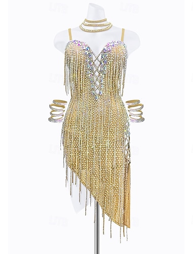  Ensemble robe de danse latine pour femme, orné de franges en strass dorés - asymétrique et scintillante, ras-de-cou &les menottes incluaient une performance de bal