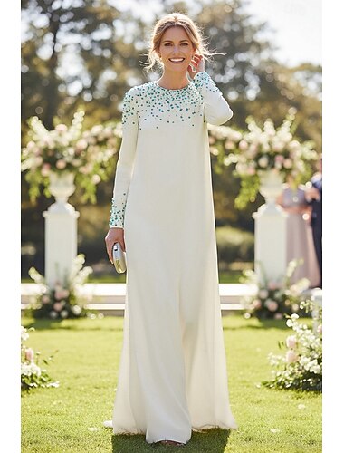  A-Linie Schlauch Säule Bodenlangen Hochzeitsgast Kleid Formal Kleider Abendkleid Mutter der Braut Kleid Lange Ärmel Rundhals Elegant Formal Hochzeitsgast mit Perlen