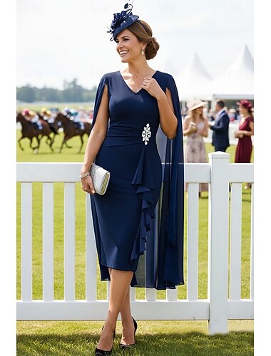  Tubino Colonna Lunghezza al ginocchio Abito Derby Abito da cerimonia per signora Senza Maniche Scollo a V Elegante Vintage Minimalista Derby del Kentucky Chiffon Con Stola con Spilla di Cristallo