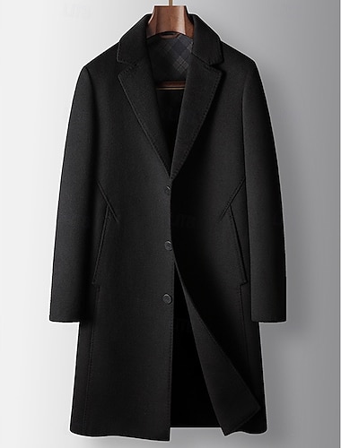  Sobretudo masculino de lã, blazer de tweed, casaco comprido, gola entalhada, estilo vintage clássico para escritório, blazer de cor sólida, preto e cinza, corte sob medida, abotoamento simples com