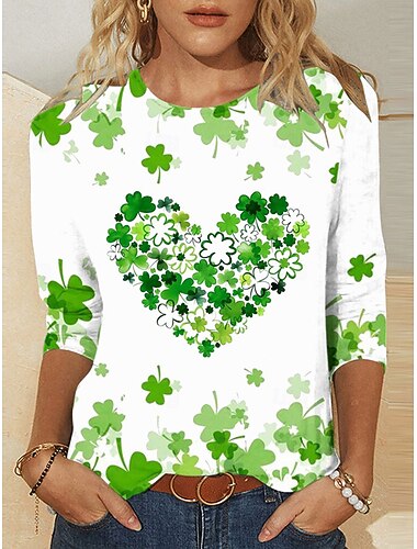  T-Shirt da donna di San Patrizio con grafica Shamrock Moda Casuale Maniche Lunghe Collo Crew Collo Rotondo Top Regolari Stampa Quotidiana Weekend Bianca Verde Estate Primavera Autunno