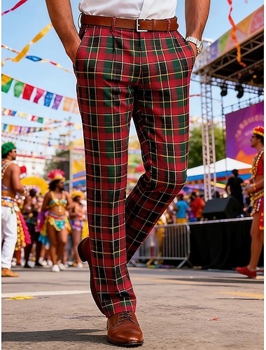  Herren Hose Anzughose Chinos Karomuster Volle Länge Lässig Geschäft Karneval Mode Stilvoll Rote