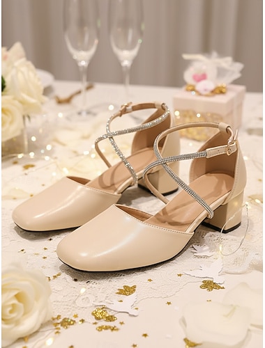  Ivoren pumps met enkelbandje en blokhak voor dames, elegante bruidsmeisjesschoenen, klassieke pumps met gesloten neus voor kerkelijke bruiloften en formele ceremonies. &bruiloften
