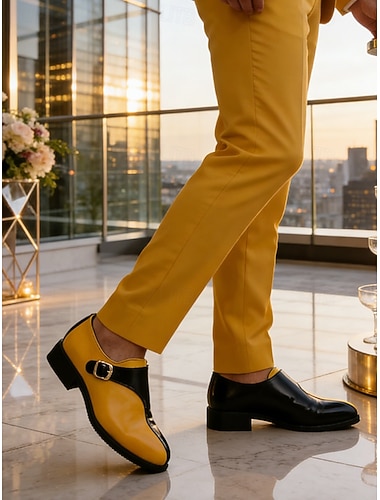  Mocassins à boucle pour hommes, jaunes et noirs, chaussures élégantes à enfiler avec boucle réglable, parfaites pour les invités de mariage, les cérémonies formelles et les événements semi-formels.