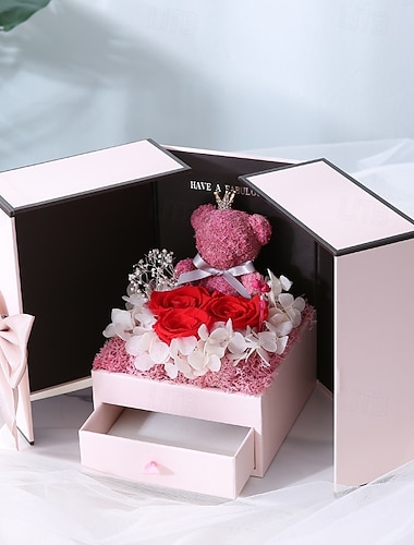  Geschenke für Frauen, konservierter Moosbär aus echten roten Rosen mit Halskette, romantisches Valentinstagsgeschenk für die Ewigkeit in Geschenkbox, Schmuckkästchen mit Rosenblüten für Mama, Frauen