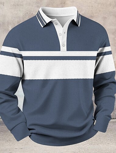  Herre Stribe Vaffel poloskjorter Rugby Polo Langærmet Polo skjorter Skjorter med krave Afslappet atletiktøj Dagligdagstøj Knapper Forår Efterår Vinter Blå Navyblå Brun