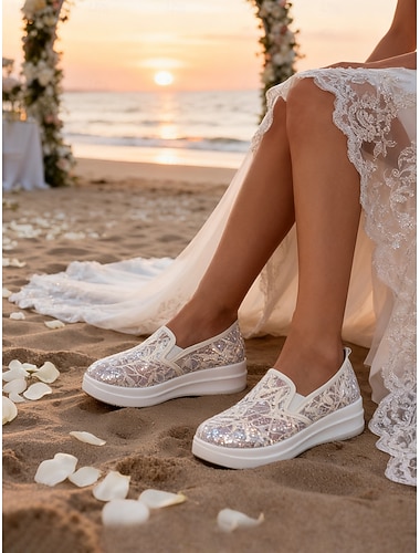  Damesneakers med glitrende blonder og platåsko til brudekjoler, komfortable glittersko for bruder, perfekte for strandseremonier &bryllupsreiseklær ved sjøen