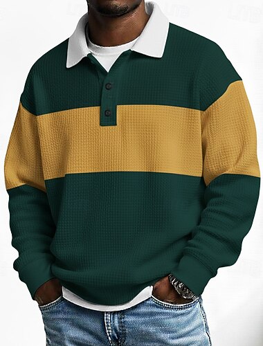  Herre Horisontale strimler Polo Rugby polo skjorter Langærmet Polo skjorter Knaphul Afslappet Skole atletiktøj Dagligdagstøj 3D-udskrivning Forår Efterår Blå Grøn