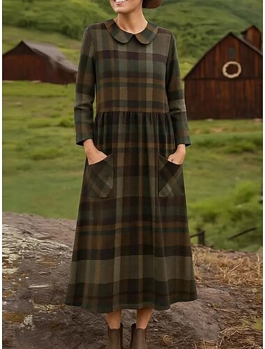  Per donna Abito Midi Tubino Abito Pieghettato Vacanza Casual Boho Ferie Abito Primaverile Vestibilità regolare Plaid Manica Lunga Girocollo Blu Marrone chiaro Marrone Primavera Autunno