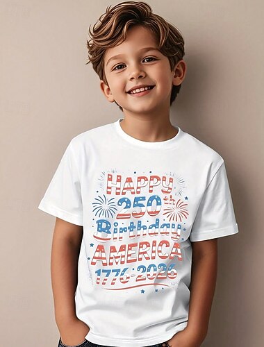  100% katoen Kinderen Jongens Zwart Wit Grafisch 250-jarig jubileum Amerikaanse vlag voor kinderen T-shirt Blouse Strakke ronde hals Korte mouw Buiten Dagelijks gebruik Modieus Streetwear Ontwerper